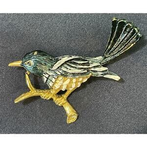 Vintage Gerry's Green Enamel Gold Tone Bird Brooch Pin Branch Tail Feathers